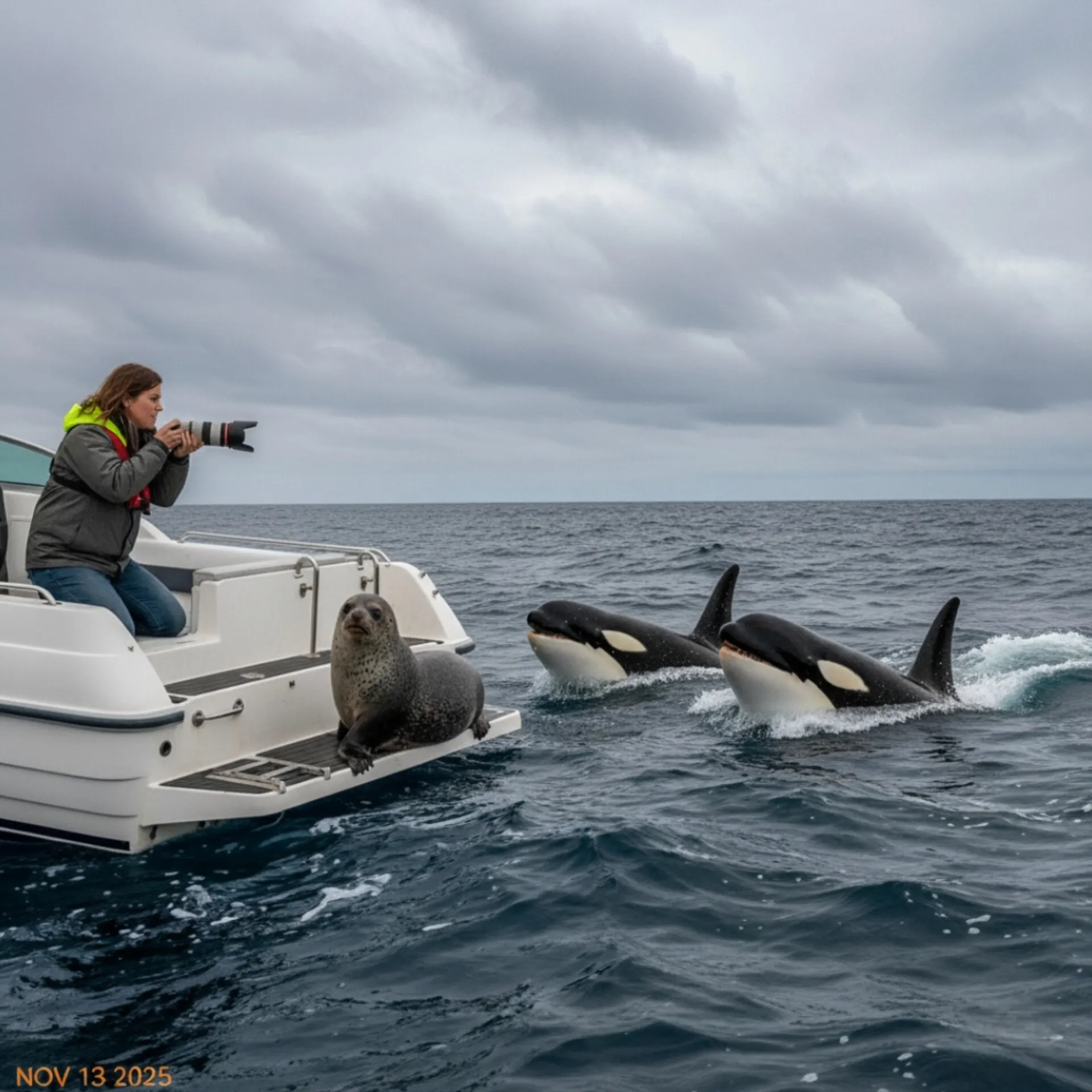 فرار دراماتیک و وایرال: فوکی که برای نجات جانش از چنگ نهنگ‌های قاتل (اُرکا) روی قایق عکاس پرید