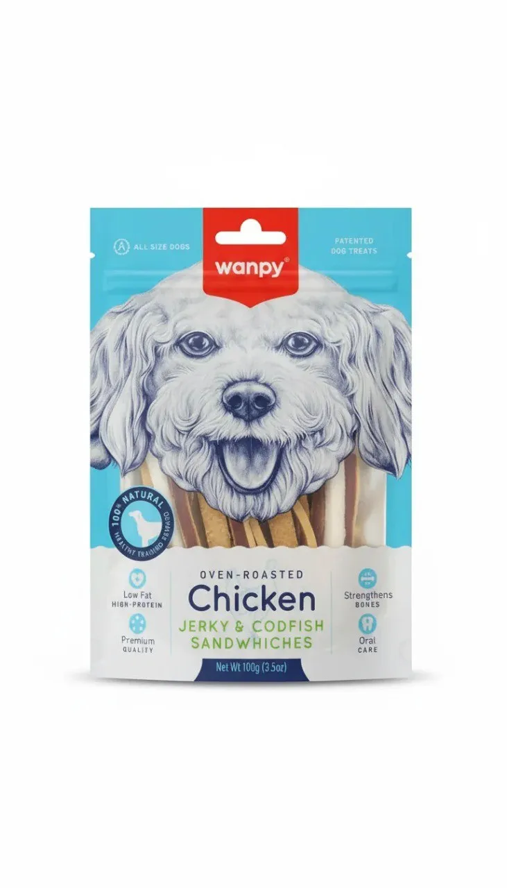 تشویقی سگ ونپی ساندویچی مرغ و ماهی کاد (Wanpy Chicken Jerky & Codfish Sandwiches) 100 گرم