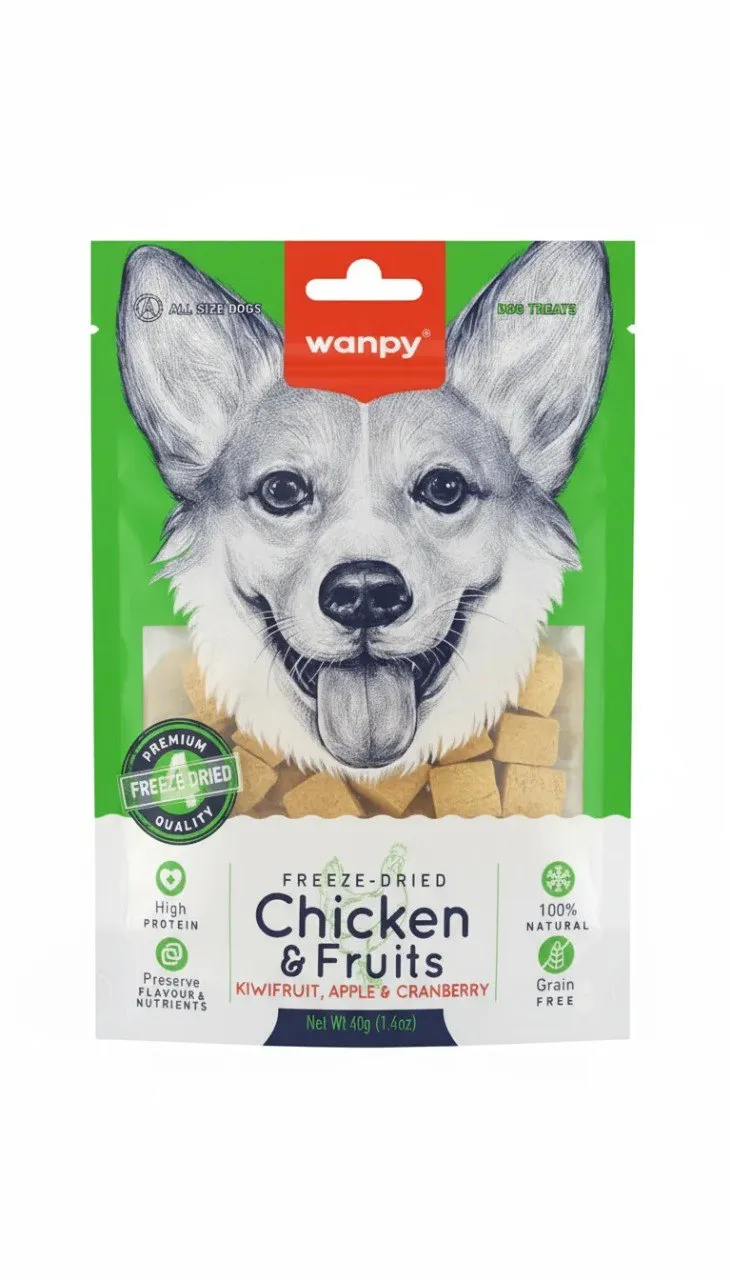تشویقی سگ ونپی فریز دراید مرغ و میوه (کیوی، سیب و کرنبری) (Wanpy Freeze-Dried Chicken & Fruits) 40 گرم
