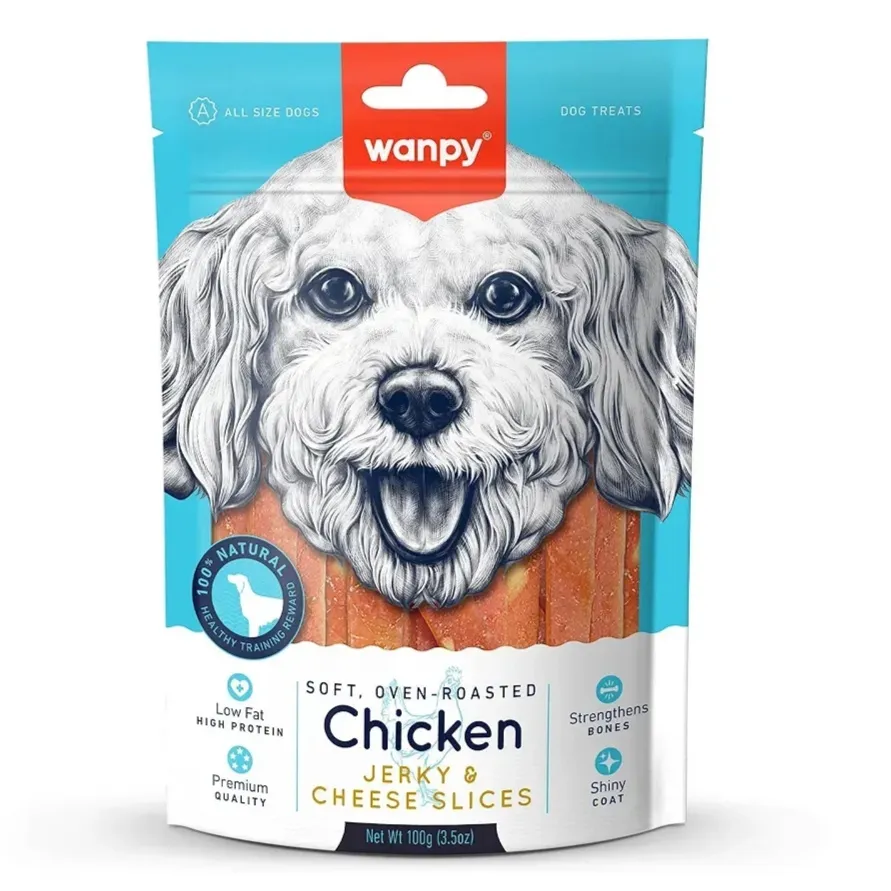 تشویقی سگ ونپی مرغ جرکی و تکه‌های پنیر (Wanpy Chicken Jerky & Cheese Dog Treat) 100گرم