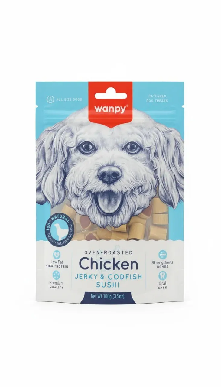 تشویقی سگ ونپی مدل سوشی مرغ و ماهی کاد (Wanpy Chicken Jerky & Codfish Sushi) 100 گرم
