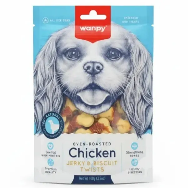 تشویقی سگ ونپی مدل توییست بیسکویت و مرغ (Wanpy Chicken Jerky & Biscuit Twists) 100 گرم