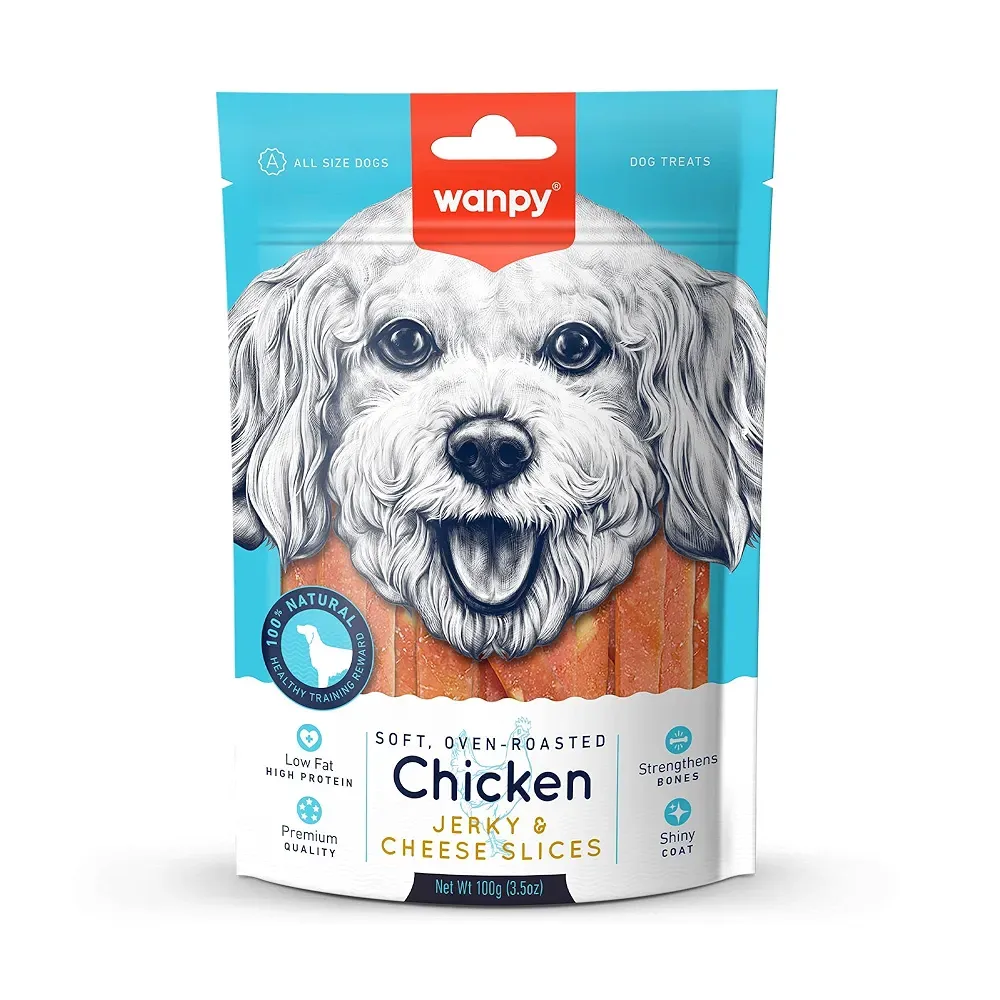تشویقی سگ ونپی مرغ جرکی و تکه‌های پنیر (Wanpy Chicken Jerky & Cheese Dog Treat) 100گرم
