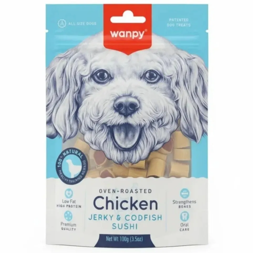 تشویقی سگ ونپی مدل سوشی مرغ و ماهی کاد (Wanpy Chicken Jerky & Codfish Sushi) 100 گرم