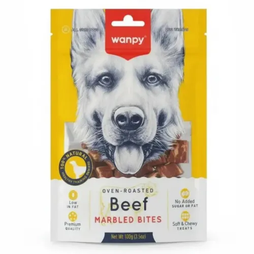 تشویقی سگ ونپی مدل لقمه‌ای گوشت گاو (Wanpy Beef Marbled Bites) - وزن 100 گرم