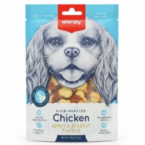 تشویقی سگ ونپی مدل توییست بیسکویت و مرغ (Wanpy Chicken Jerky & Biscuit Twists) 100 گرم