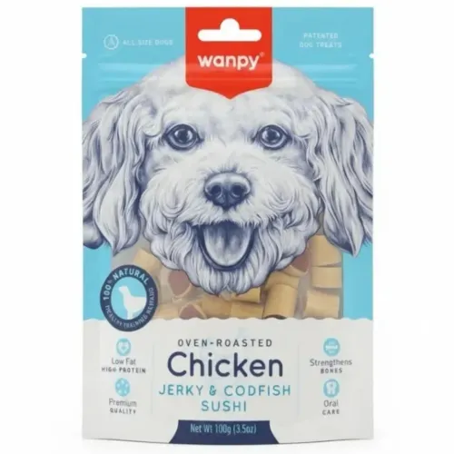 تشویقی سگ ونپی مدل سوشی مرغ و ماهی کاد (Wanpy Chicken Jerky & Codfish Sushi) 100 گرم