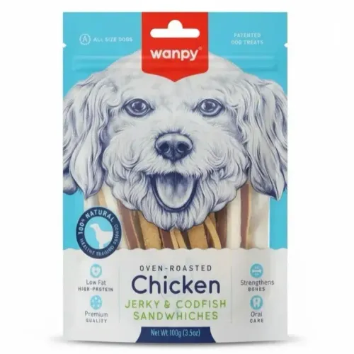 تشویقی سگ ونپی ساندویچی مرغ و ماهی کاد (Wanpy Chicken Jerky & Codfish Sandwiches) 100 گرم