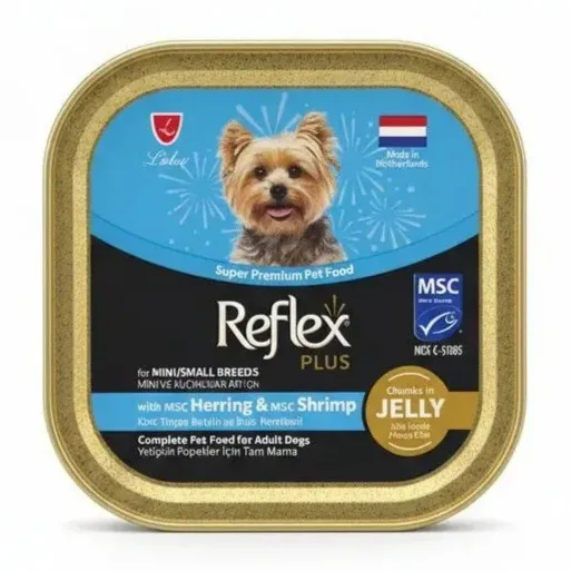 کنسرو (ووم) سگ رفلکس پلاس (Reflex Plus) با طعم شاه ماهی و میگو برای نژاد کوچک - ۱۰۰ گرمی