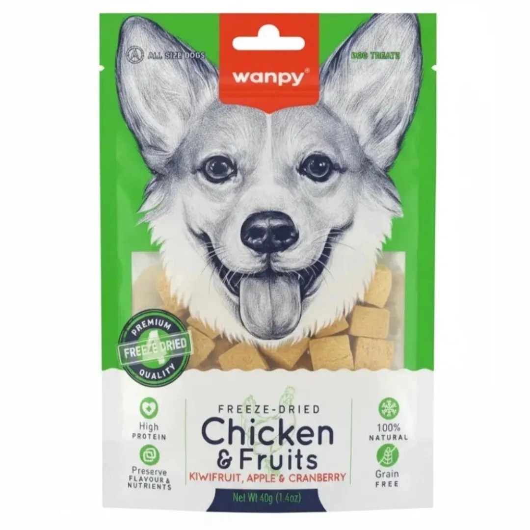تشویقی سگ ونپی فریز دراید مرغ و میوه (کیوی، سیب و کرنبری) (Wanpy Freeze-Dried Chicken & Fruits) 40 گرم